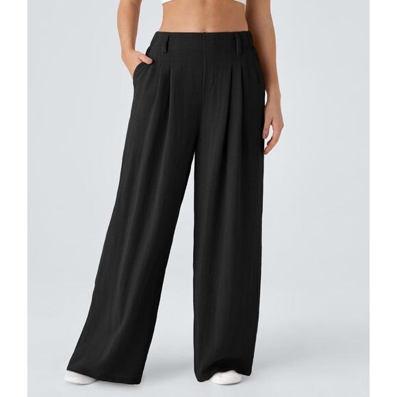 Halara Black Wide Leg Palazzo Pants High Waisted Side Pocket Linen Feel L NEW - Picture 1 of 9
